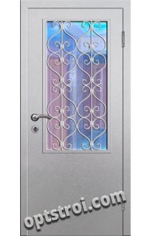 Входная металлическая дверь в тамбур со стеклом и решеткой модель - СТР-007